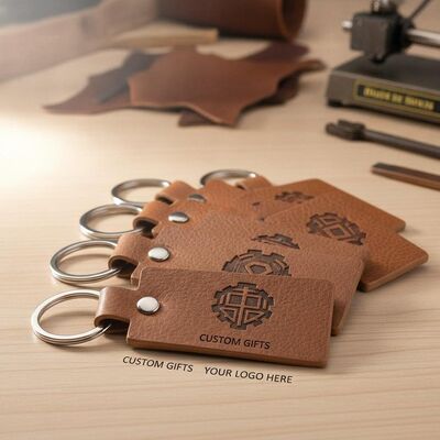 Goede prijs Lasergravering Logo Ledersleutelhangers Duurzame rechthoekige vorm Perfect voor op maat gemaakte zakelijke cadeautjes en gepersonaliseerde artikelen online